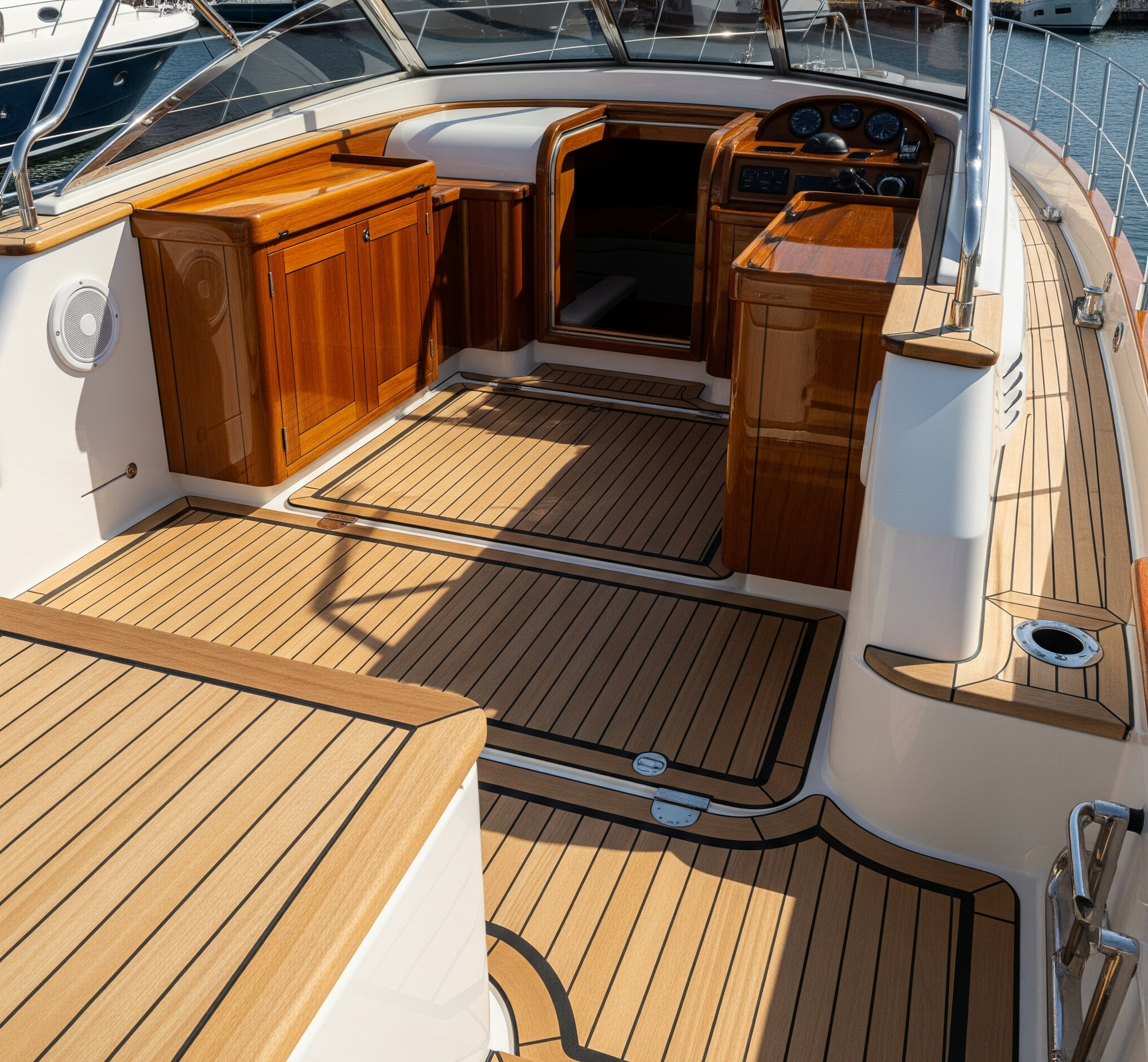 Craftsman restoring weather-worn teak furniture surface