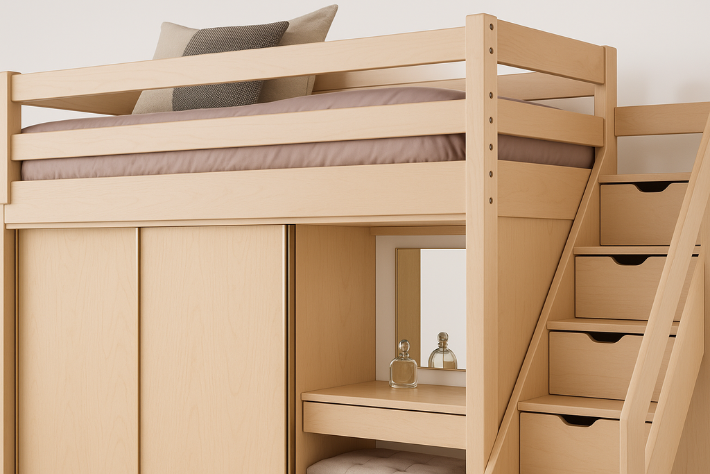 Detailed view of Perdue Premier loft beds with wardrobe