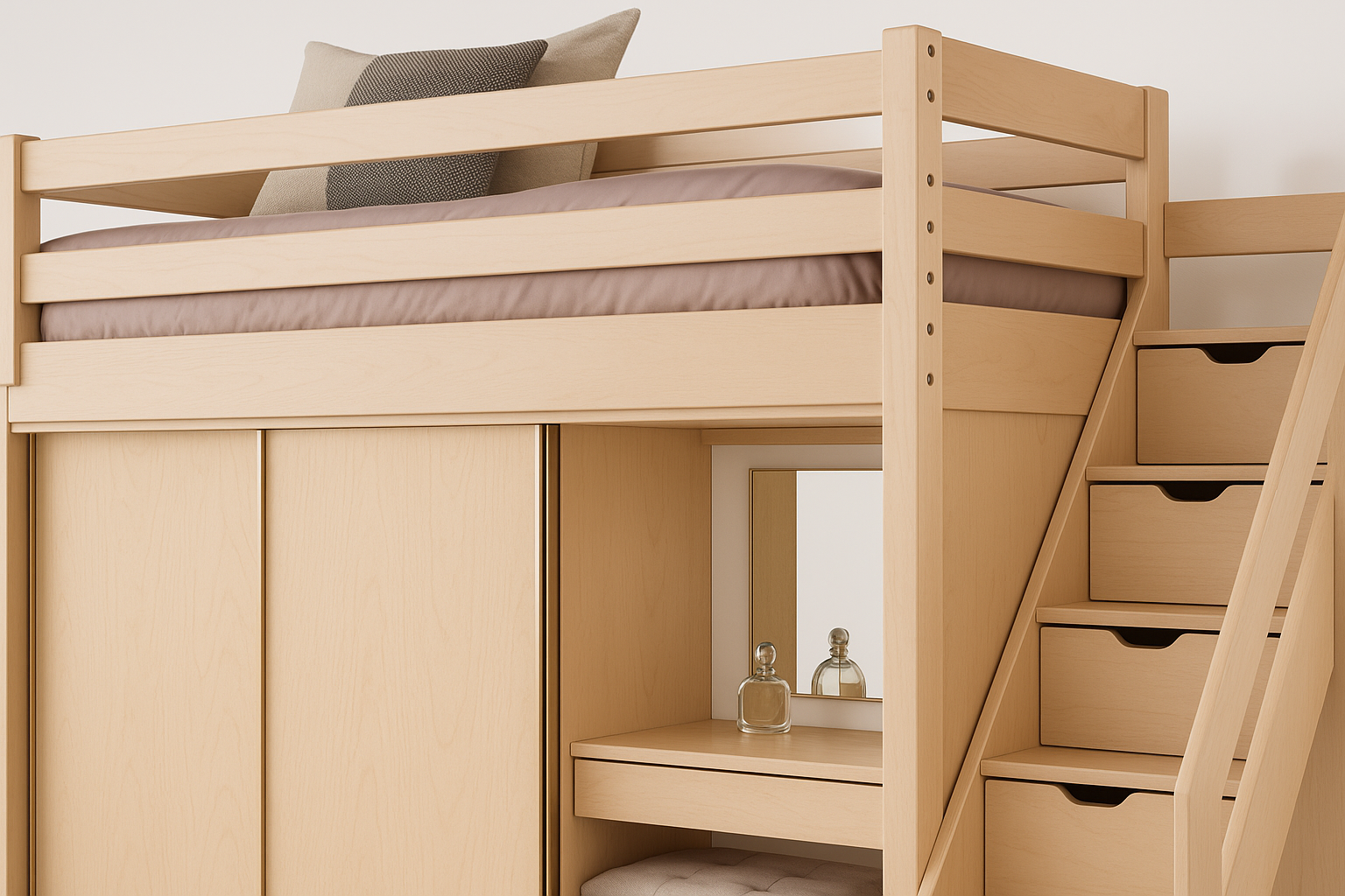 Detailed view of Perdue Premier loft beds with wardrobe