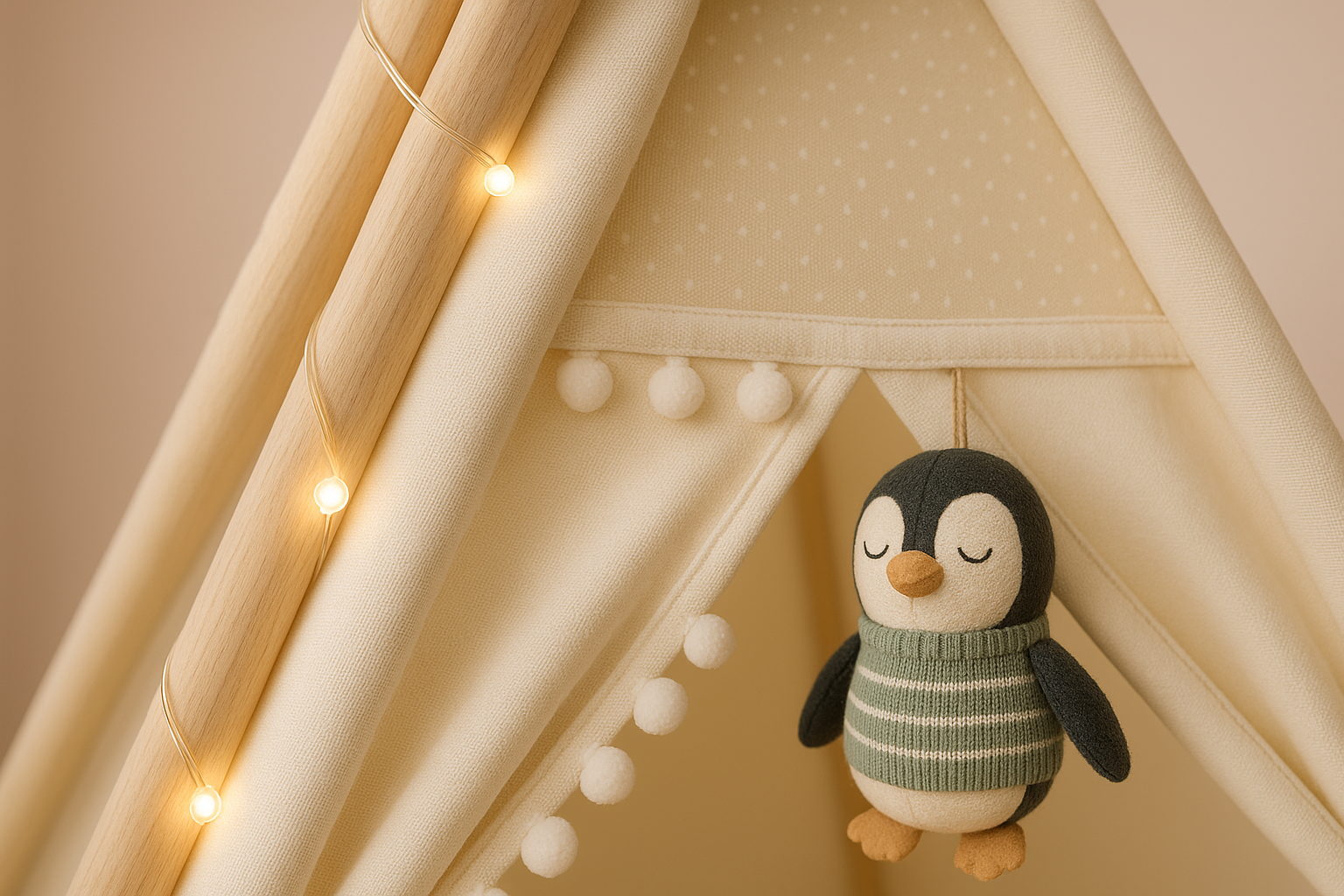 Dreamy Hideaway Tent - Detail View with Fairy Lights and Penguin