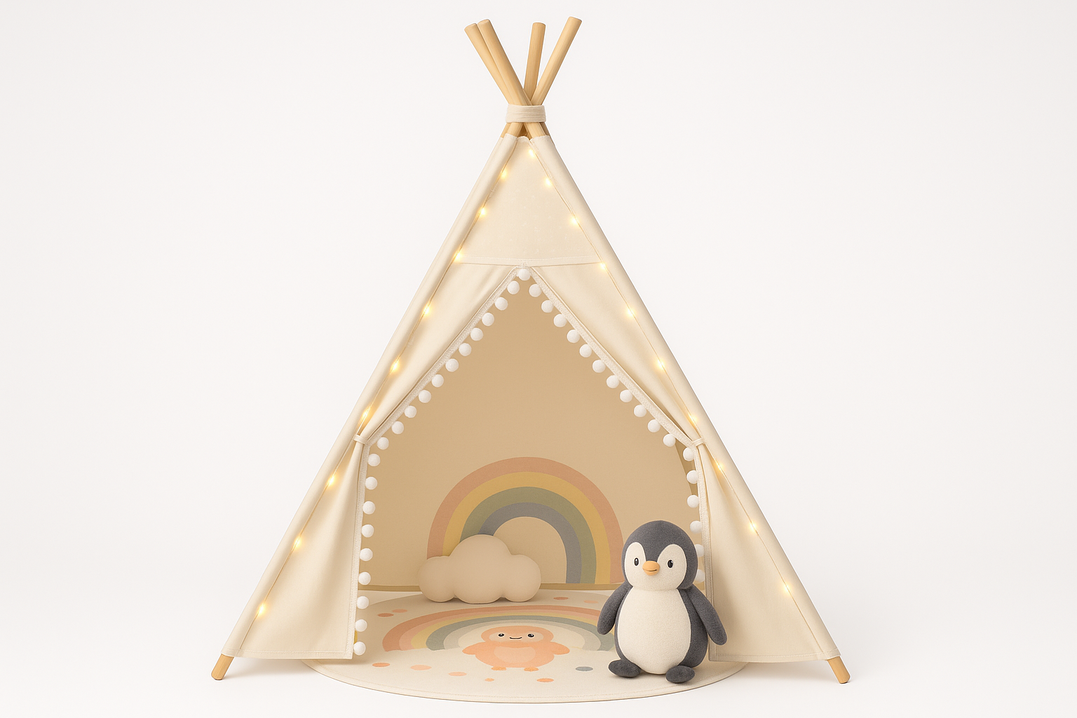 Dreamy Hideaway Tent - Front View with Fairy Lights and Penguin