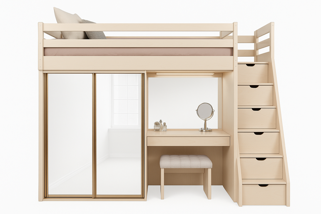 Front view of Perdue Premier loft beds with wardrobe