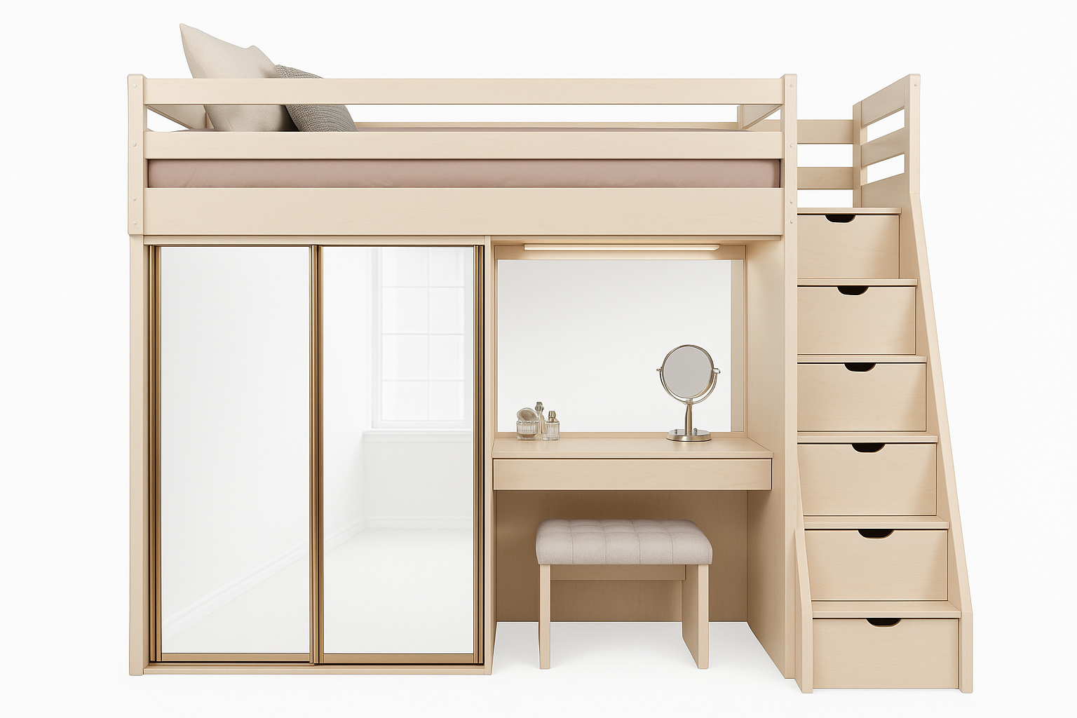 Front view of Perdue Premier loft beds with wardrobe