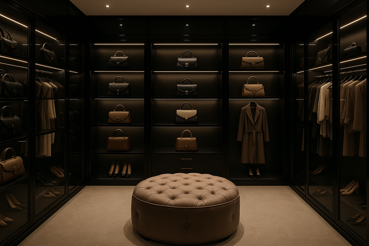Nooré Walk-in Wardrobe - Black Glass Display Cases with LED